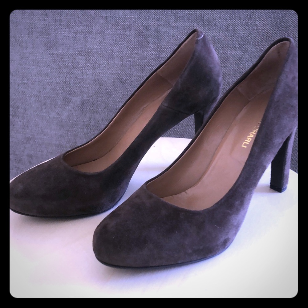 Brown suede round toe heels